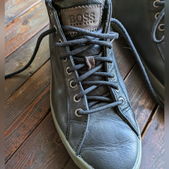 Hugo Boss Mens Black Leather High Tops Size 41 - Picture 15 of 15